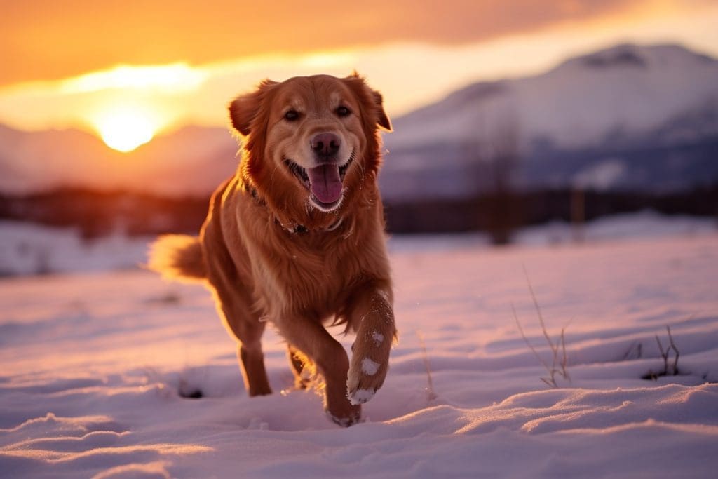 Are Golden Retrievers High Energy Golden Retriever frolicking in a snow-covered field at sunset