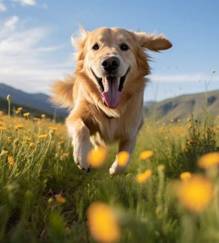 Are Golden Retrievers High Energy golden retriever frolicking in an expansive meadow filled with wildflowers