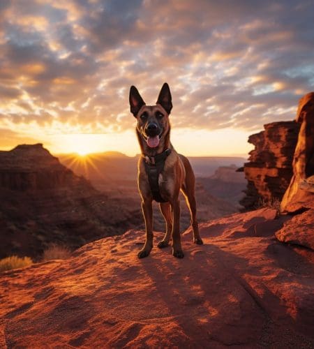 Belgian Malinois (Mechelse Herder) standing proudly on the edge of a breathtaking canyon