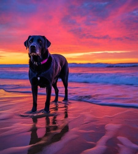 Black Lab standing on a beach during a sunet black dog names