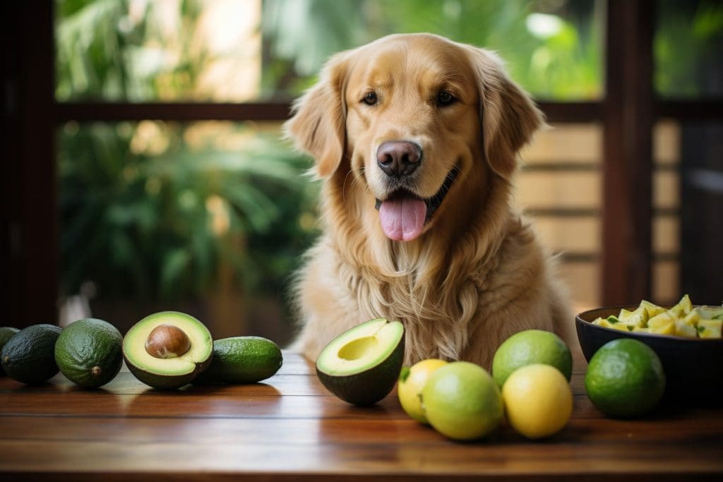 Can a dog eat avocados. A golden retriever sitting at a rustic wooden table, a plate full of avocados in front of her