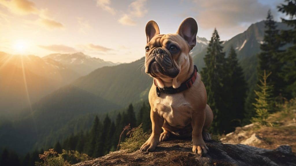 French Bulldog on a rugged mountain trail