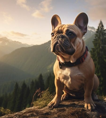 French Bulldog on a rugged mountain trail