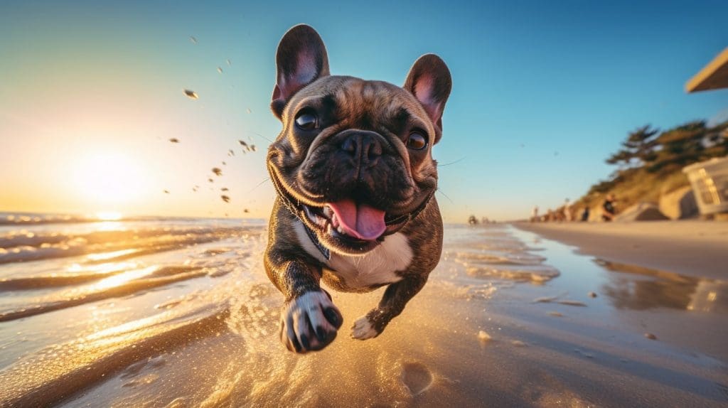 French bulldog frolicking on the beach