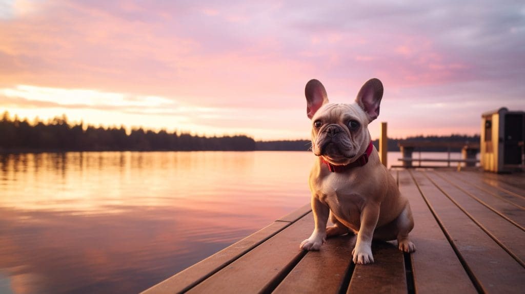 French bulldog on a wooden pier