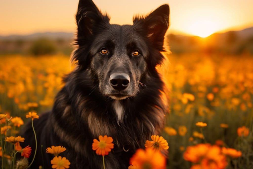 Majestic Mexican black wolfdog standing proud in the midst of wildflowers in full bloom