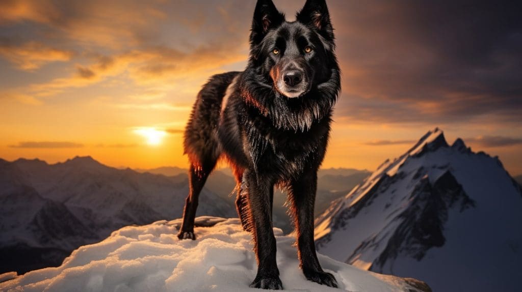 Mexican Wolfdog (Calupoh), standing proudly on a snow-covered mountain peak