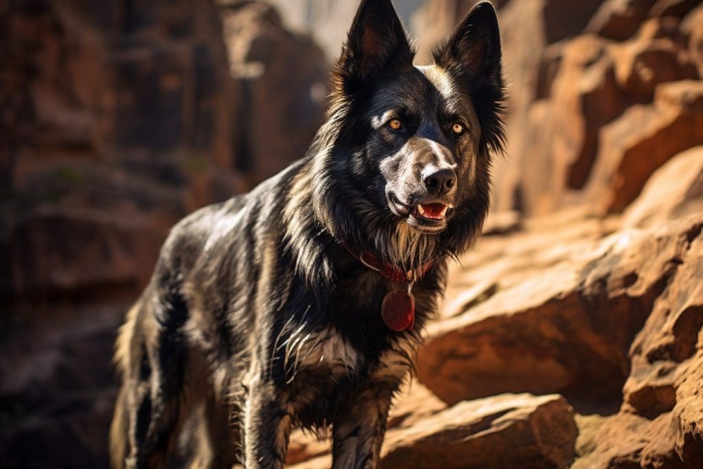 Mexican wolfdog (Calupoh) standing tall in a sunlit canyon gorge