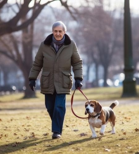 Old Person waling a beagle in a park. A beagle is on of the worst dogs for old seniors