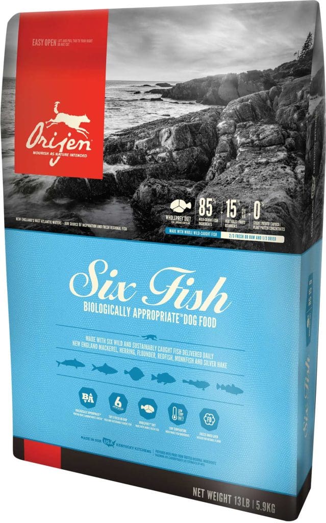 Orijen Six Fish Grainfree Dry Dog Food. best food for dogs sensitive stomach
