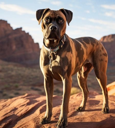 Pit Bullmastiff mix dog adventuring through a vast canyon