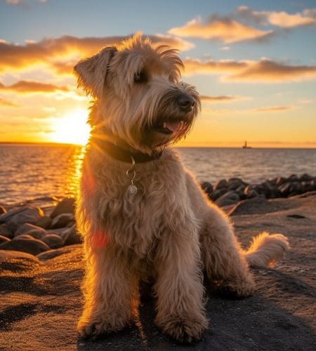 Soft Coated Wheaten Terrier at sunset. Dogs that dont shed