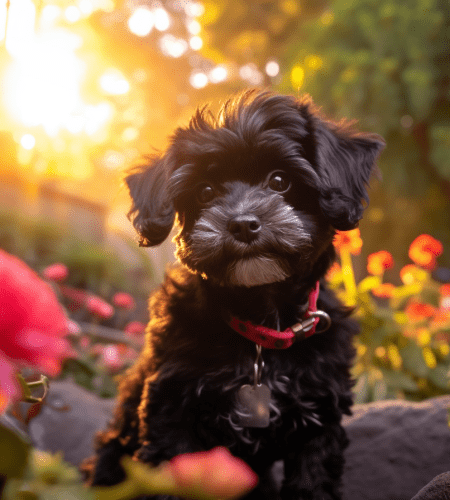 black Maltipoo puppy exploring a lush garden