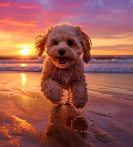 fluffy brown Maltipoo dog playing on a sandy beach at sunset