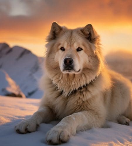 greenland dog in the snowy mountains during a sunset