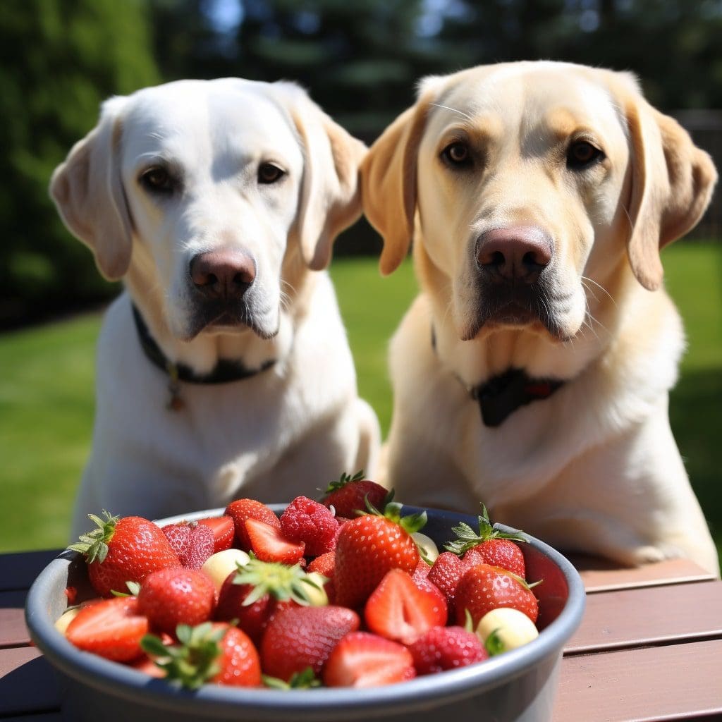 two labs eating strawberries