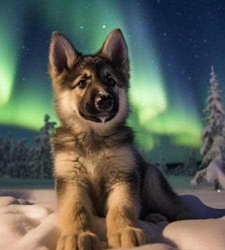 8-week-old German Shepherd puppy catching snowflakes under the mesmerizing Northern Lights