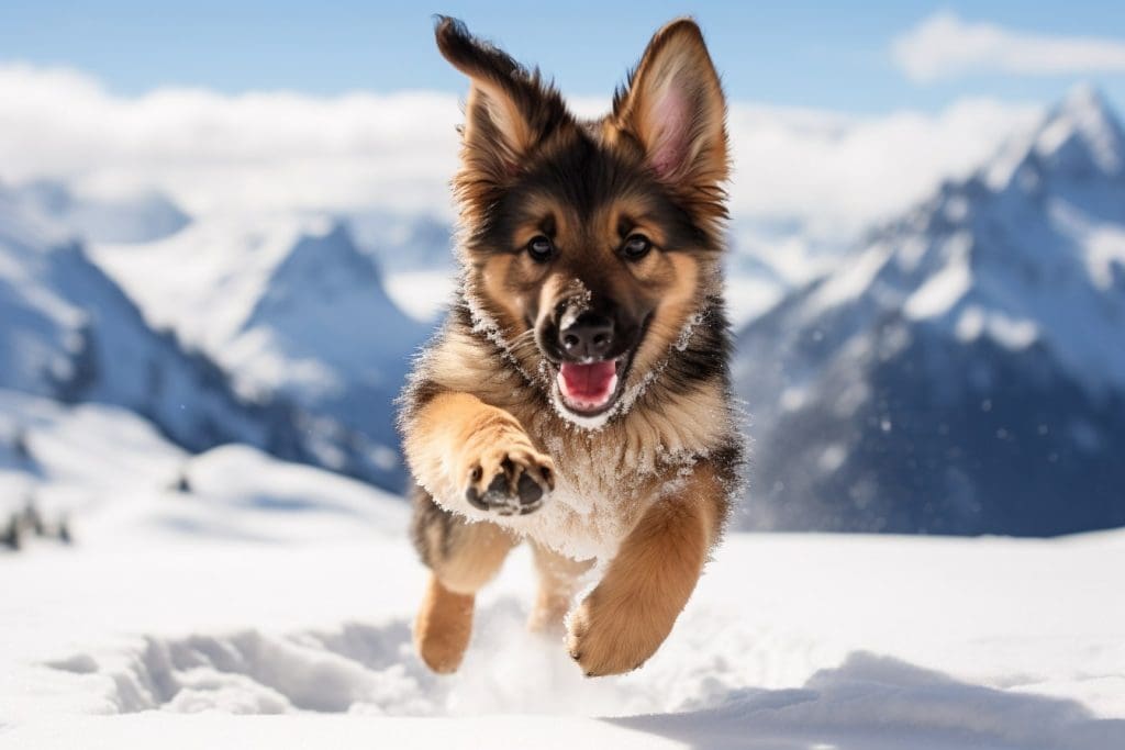 8-week-old German Shepherd puppy playfully bounding through powdery snow