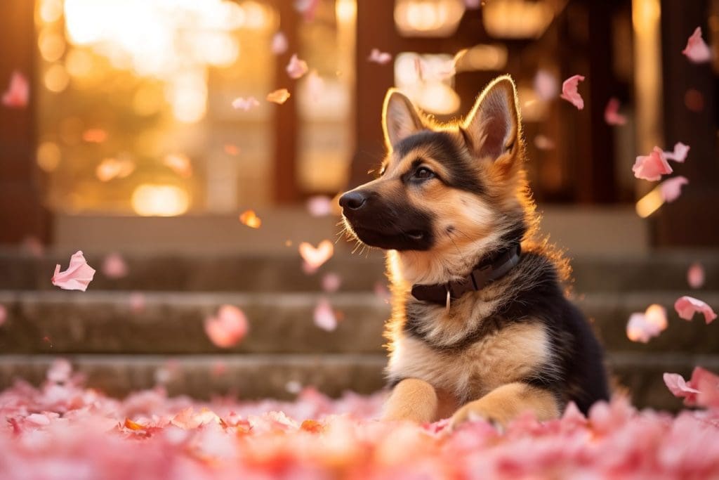 8-week-old German Shepherd puppy playing with falling cherry blossom petals