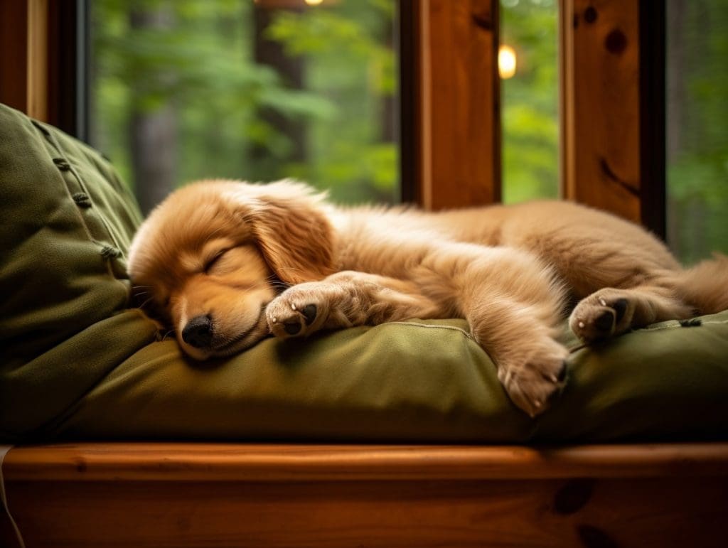 A charming 8-week old Golden Retriever puppy, napping