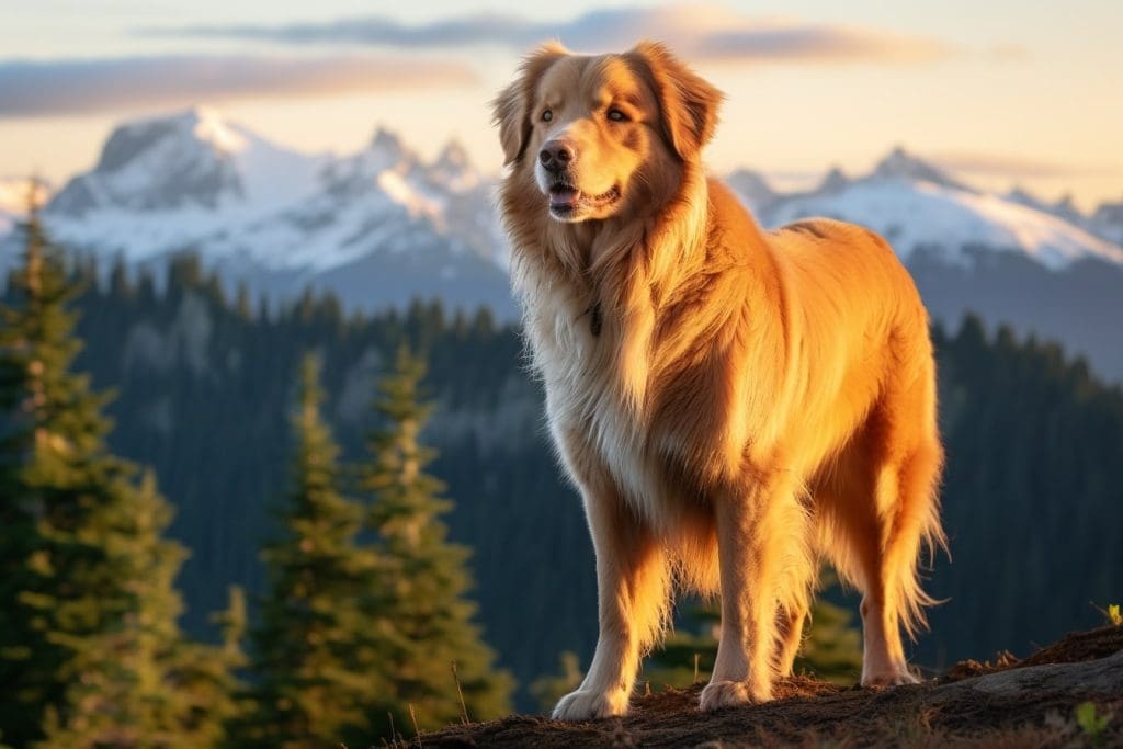 A golden English Shepherd dog, standing majestically at the peak of a hill