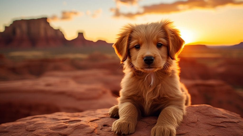 A golden retriever puppy, 8 weeks old, frolicking in the warm, glowing light of a sunset in the Badlands