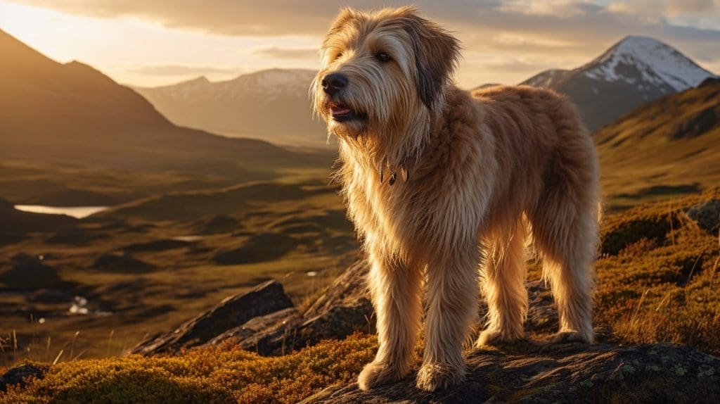 A majestic Catalan Sheepdog, standing on a ridge overlooking the vast Icelandic Highlands