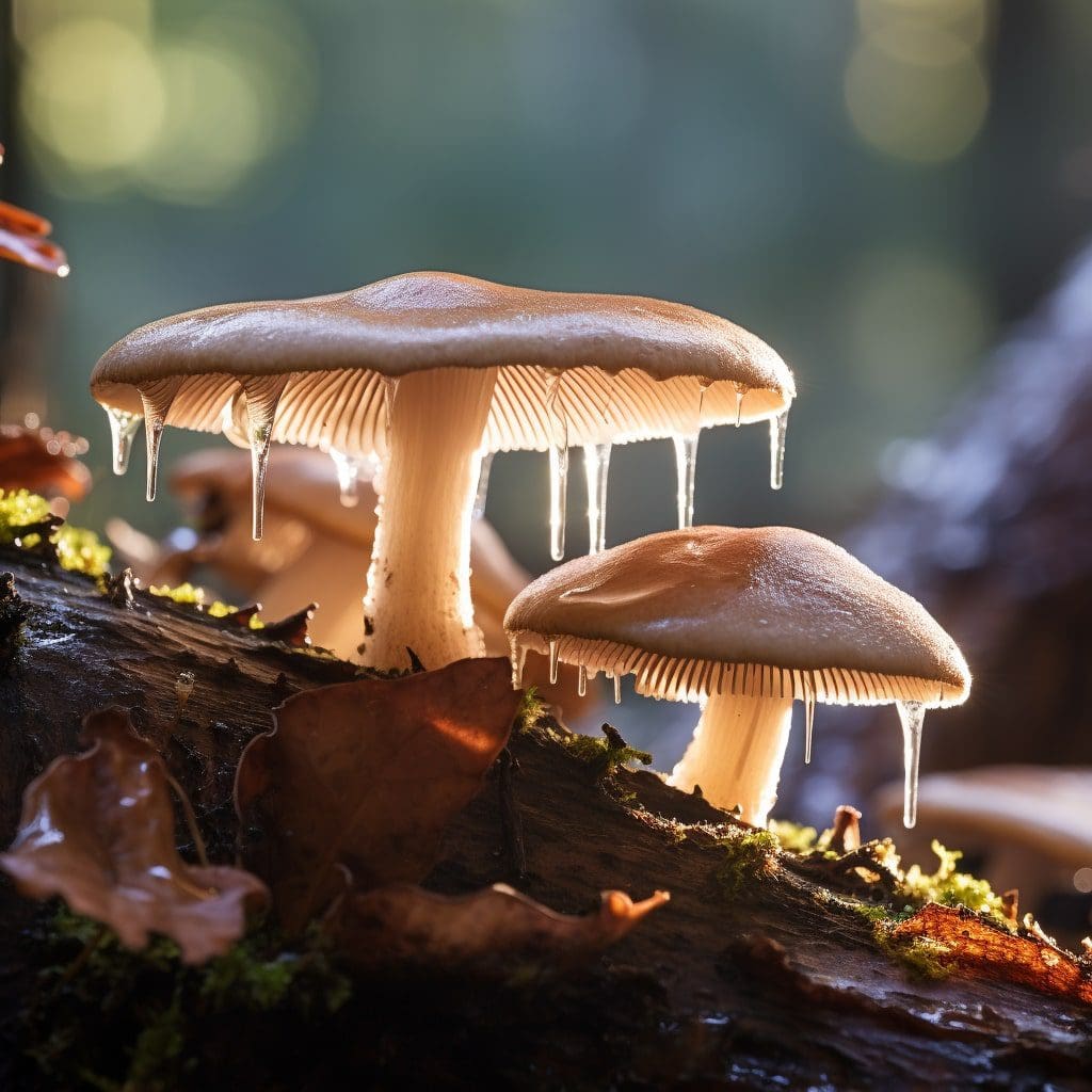 Closeup of a of oyster mushrooms growing on a log