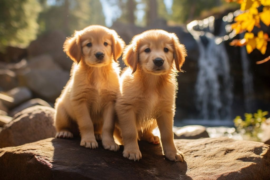 Eight-week-old Golden Retriever puppies frolicking in Yosemite National Park
