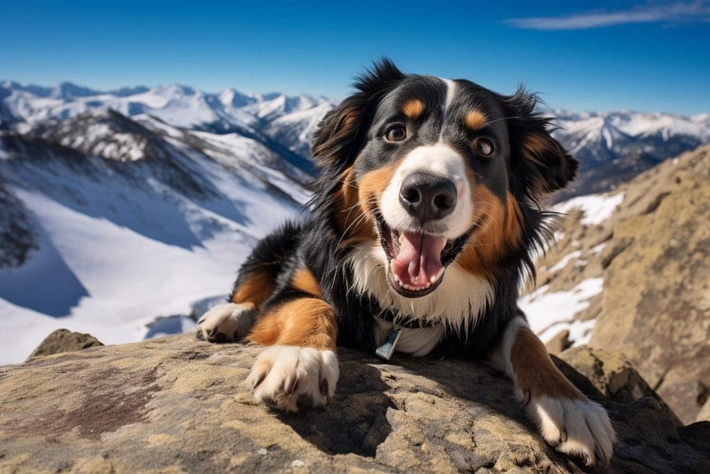 English Shepherd dog playing in the Rocky Mountain National Park,