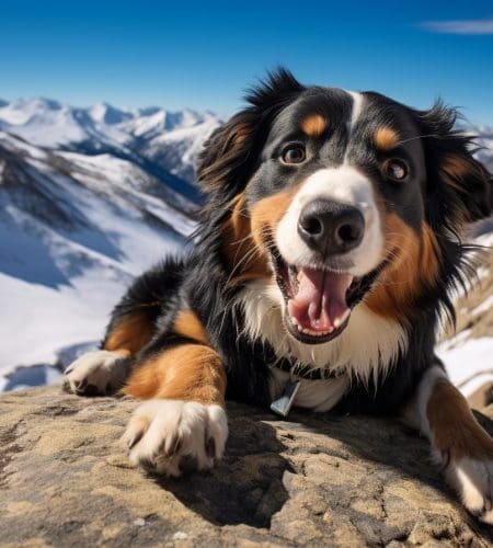 English Shepherd dog playing in the Rocky Mountain National Park,