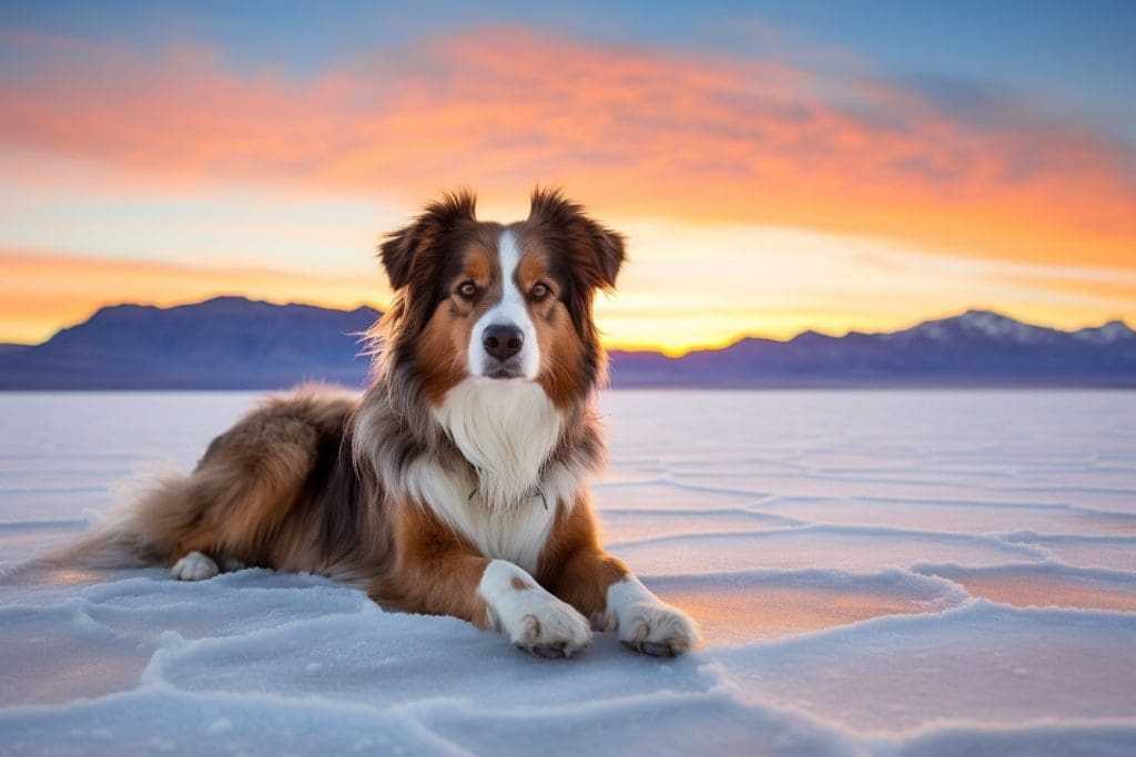 English Shepherd dog posed elegantly on the Bonneville Salt Flats