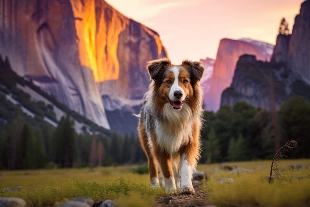 English Shepherd exploring the serene beauty of Yosemite National Park
