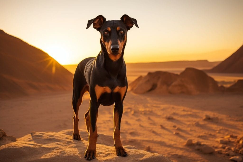 Fastest Dog Breeds, Doberman Pinscher standing majestic in the Atacama Desert