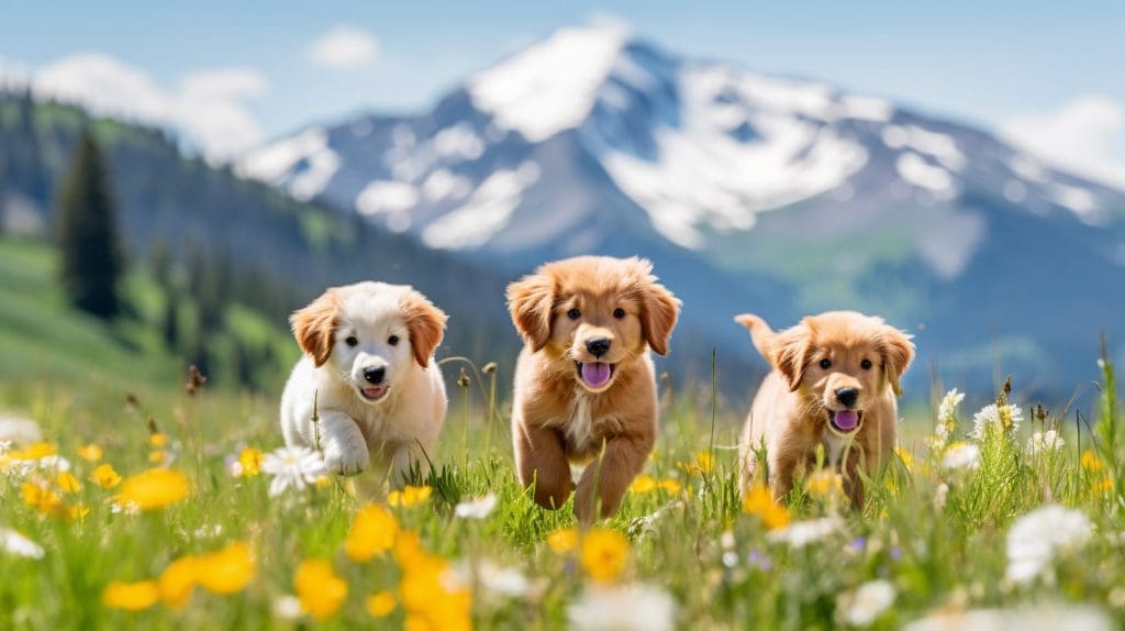 Golden Retriever puppies at 8 weeks old, frolicking in the expansive alpine meadows of the Rocky Mountains
