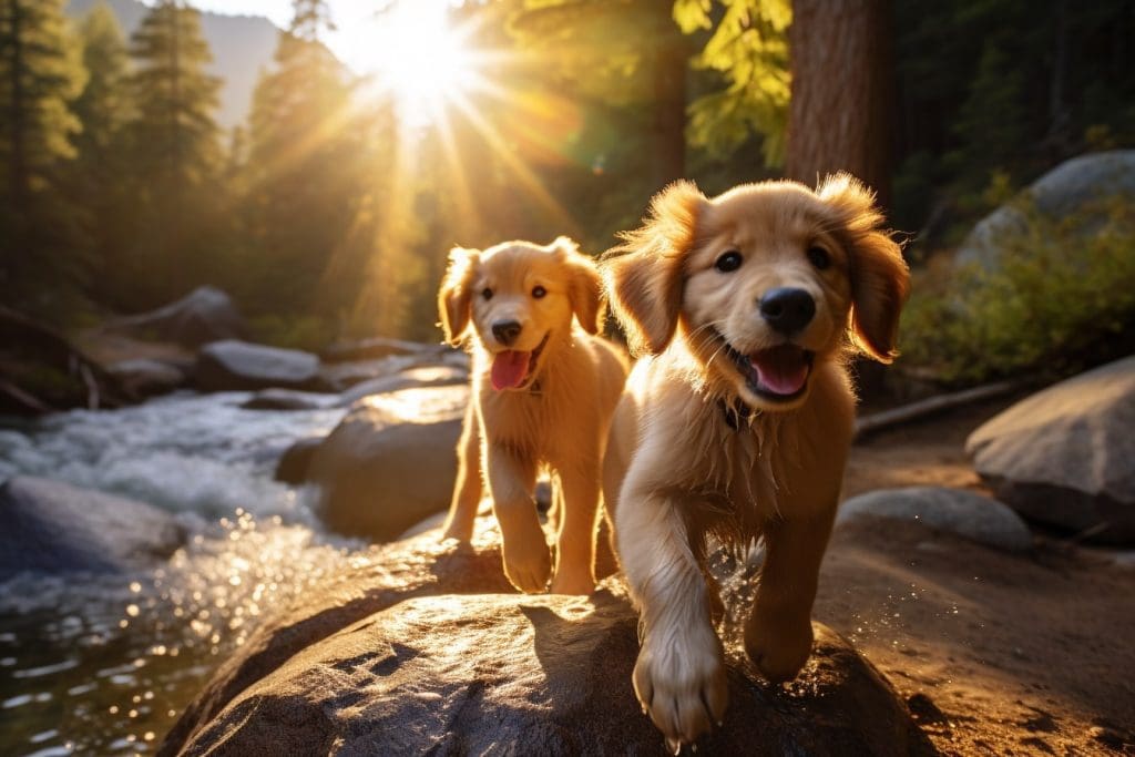 Golden Retriever puppies frolicking in Yosemite National Park