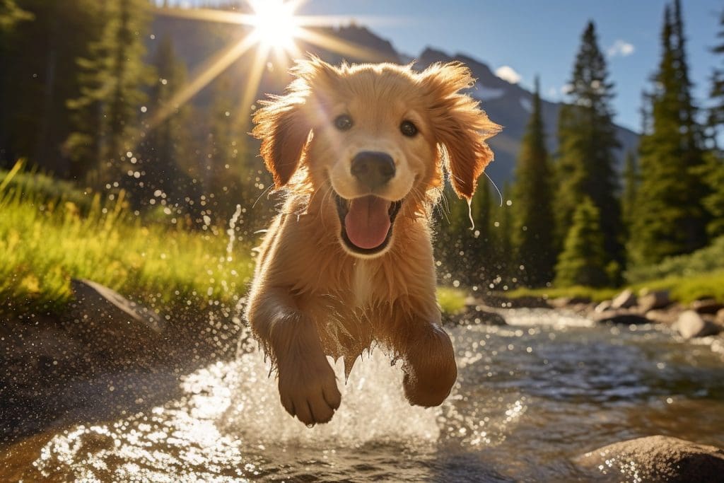 Golden retriever puppy, eight weeks old, frolicking playfully in the wild beauty of Yellowstone National Park