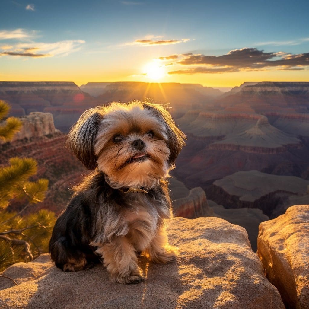 Shih Tzu dog posing majestically at the edge of the Grand Canyon
