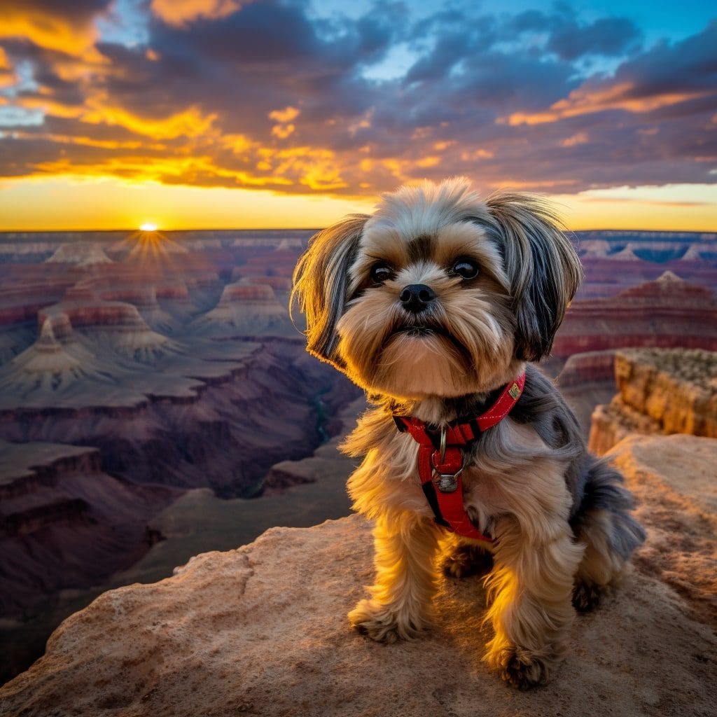 Shih Tzu happily exploring the rim of the Grand Canyon