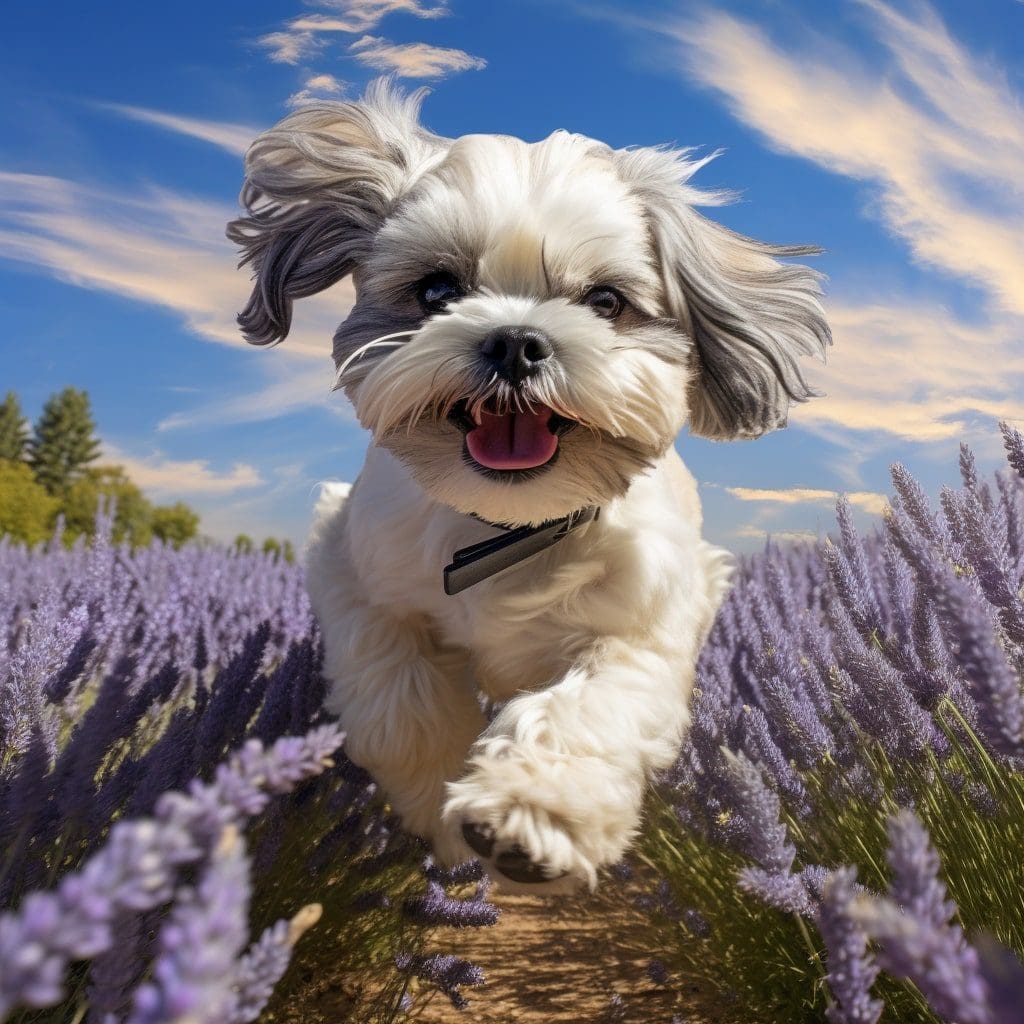 Shih Tzu prancing joyfully through a vibrant lavender field