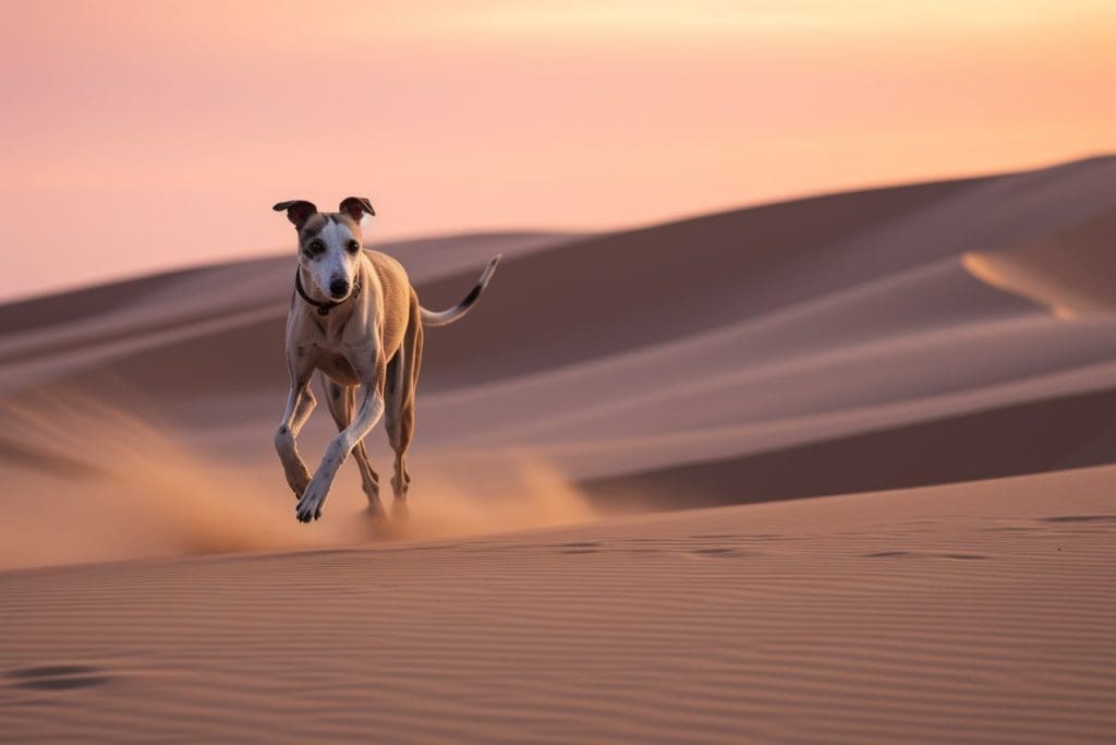 Whippet dog in full sprint across a barren desert landscape