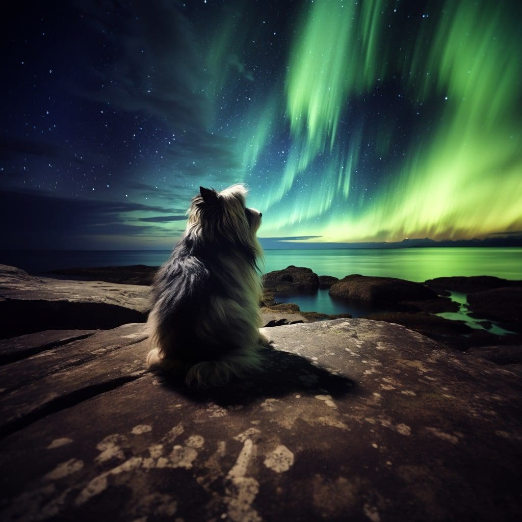 catalan sheepdog in northern ireland watching the northern lights