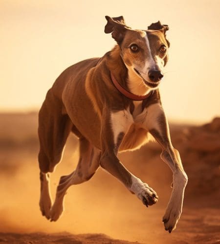 greyhound running at full speed,