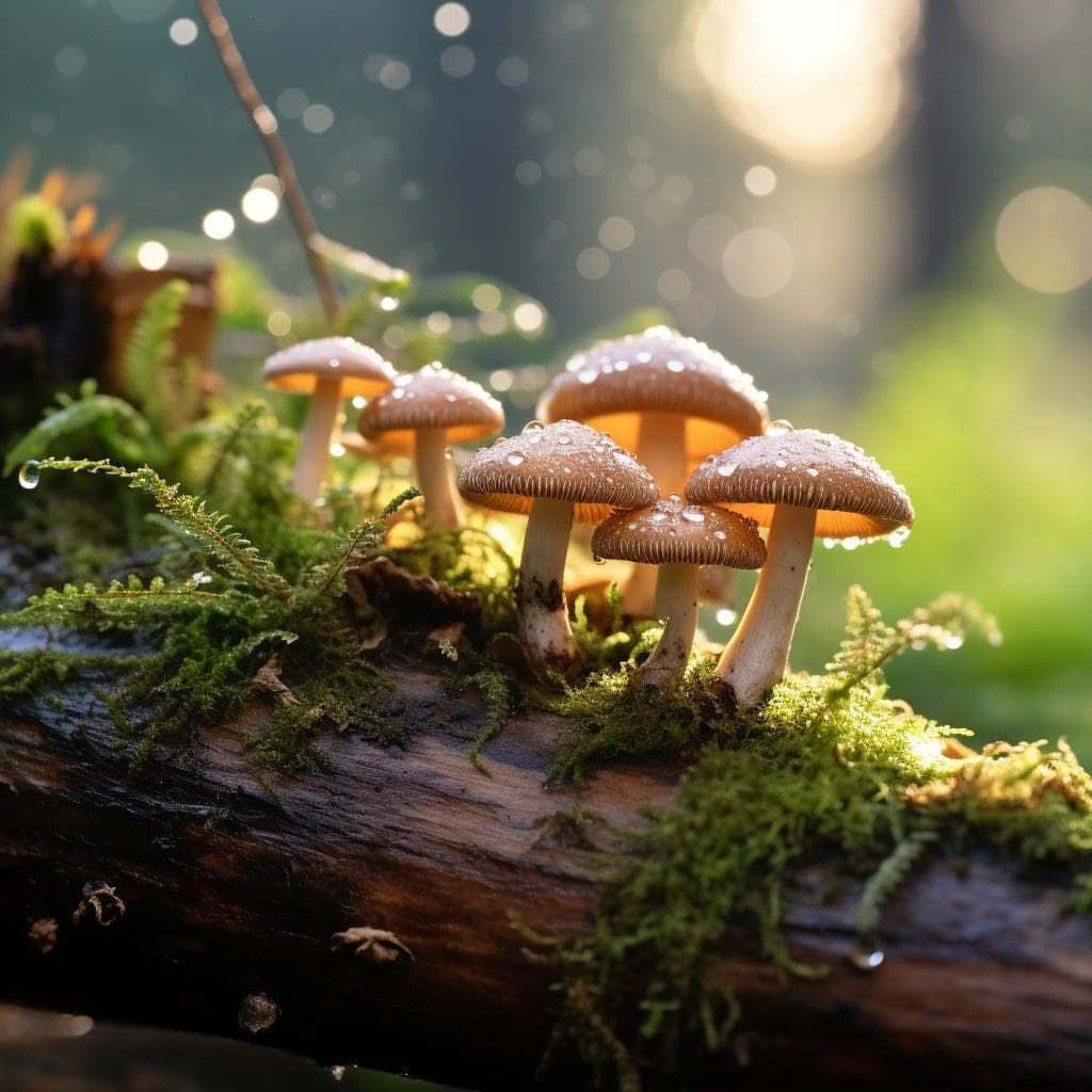 shiitake mushrooms growing on a log in a damp forest