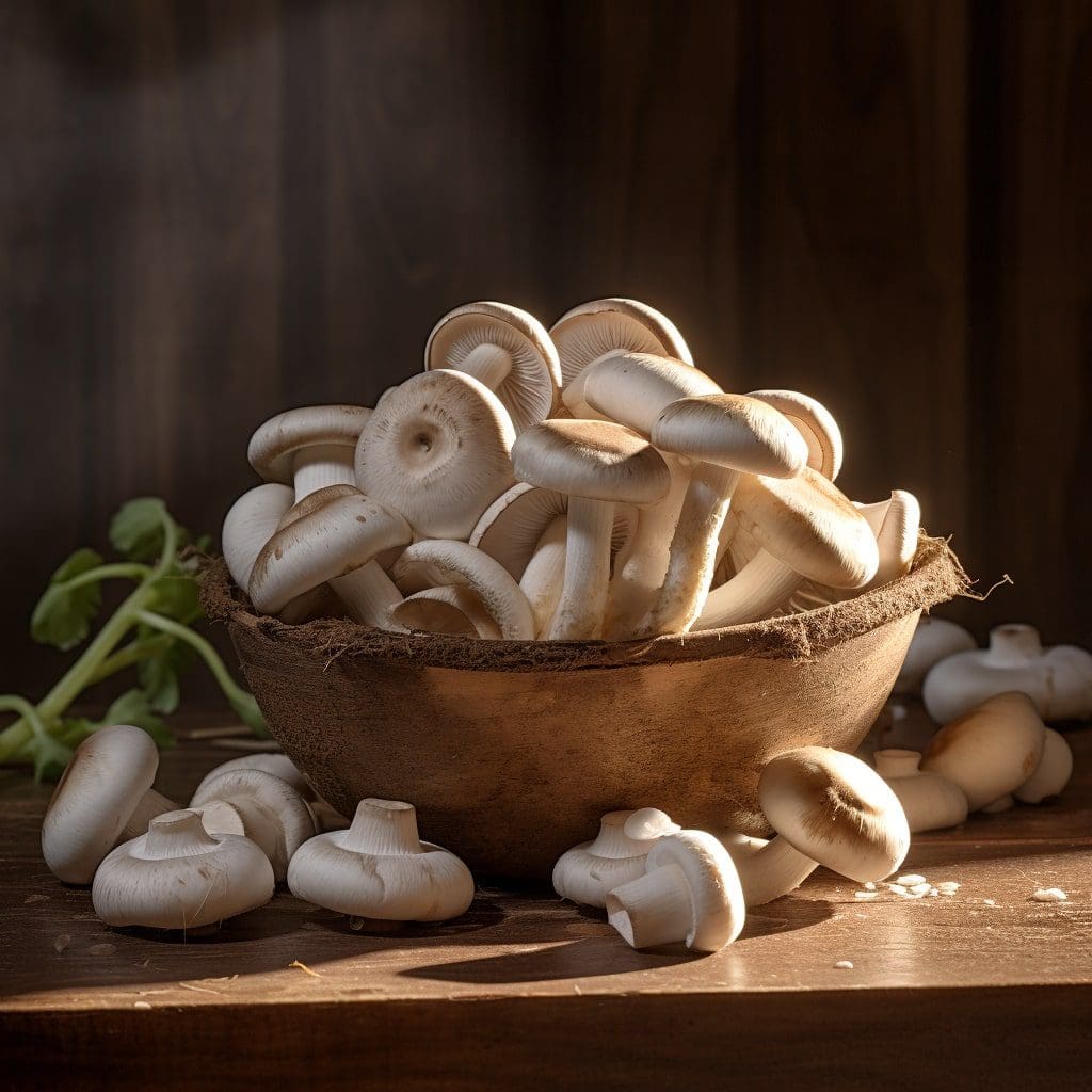 white button mushrooms scattered on a rustic wooden table